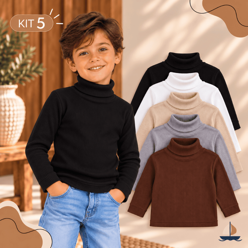 Kit 5 Blusa Cacharrel Infanto Juvenil Gola Alta Algodão Menino Cor Sortida Elegante Confortável Frio