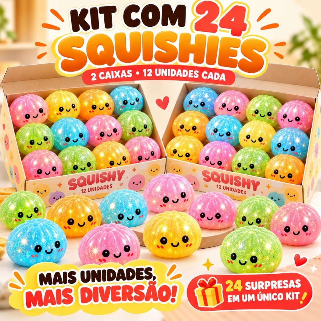 Kit 24 Squishy Dumpling com Glitter Caixa Fechada Bolinho Chinês Macio Brinquedo Sensorial de Apertar