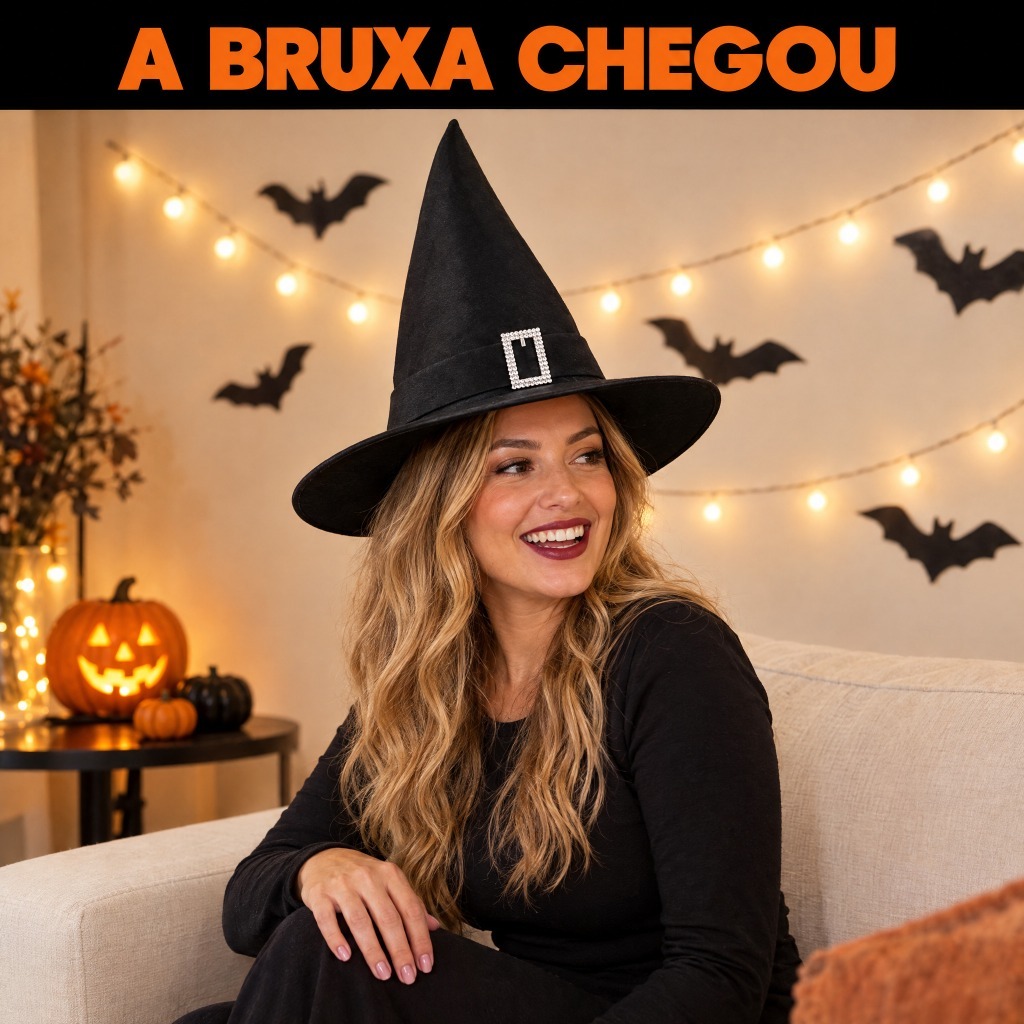 Chapéu de Bruxa TNT Preto com Fivela de Strass 40cm Halloween Fantasia Adulto Festa Cosplay