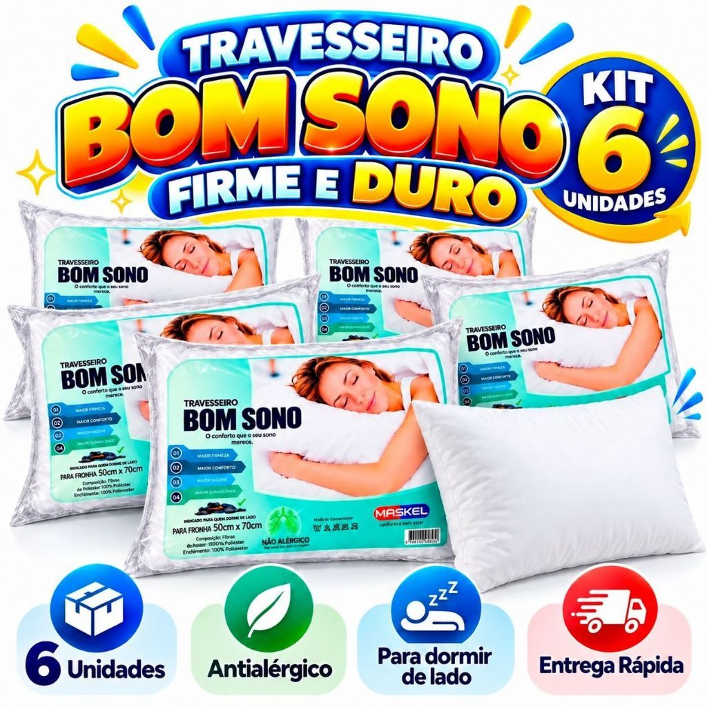 Kit 6 Travesseiros Bom Sono para Fronha 50x70 Antialérgico Firme/Duro Confortável Dormir de Lado