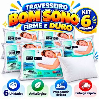 Kit 6 Travesseiros Bom Sono para Fronha 50x70 Antialérgico Firme/Duro Confortável Dormir de Lado