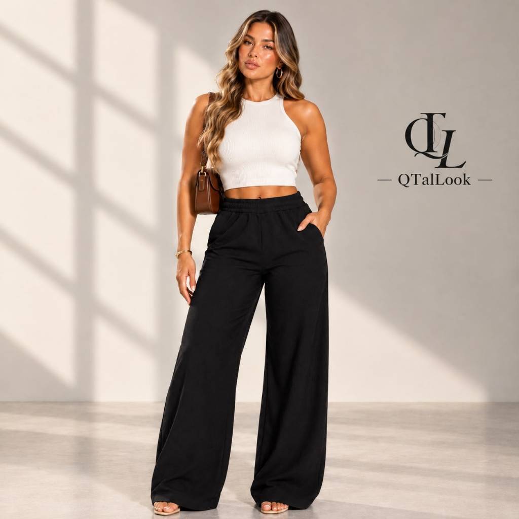 Calça Pantalona Feminina Ribana Canelada com Elástico na Cintura Moda Gringa Casual Elegante Tendência 2027