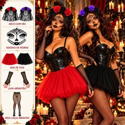 Fantasia Mexicana Halloween Feminina Catrina Caveira Saia de Tule Arco com Véu e Arrastão