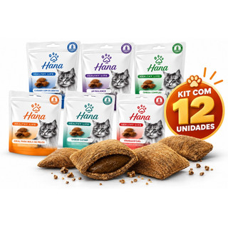 Kit 12 Petisco Gato Hana Healthy Life Pet 720g Nuggets Recheados 6 Funcionalidades Bola de Pelo Catnip