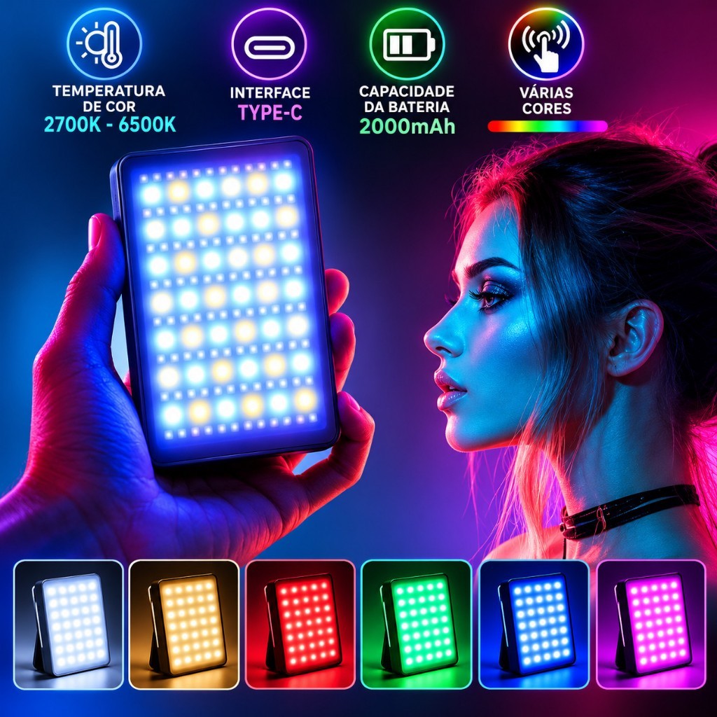 Iluminador LED RGB Portátil para Foto e Vídeo Luz de Preenchimento Recarregável USB-C 2700K a 6500K