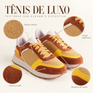 Tênis Feminino Esportivo Casual com Recortes, Tecido Rústico, Camurça Soft e Nylon, Moderno e Versátil