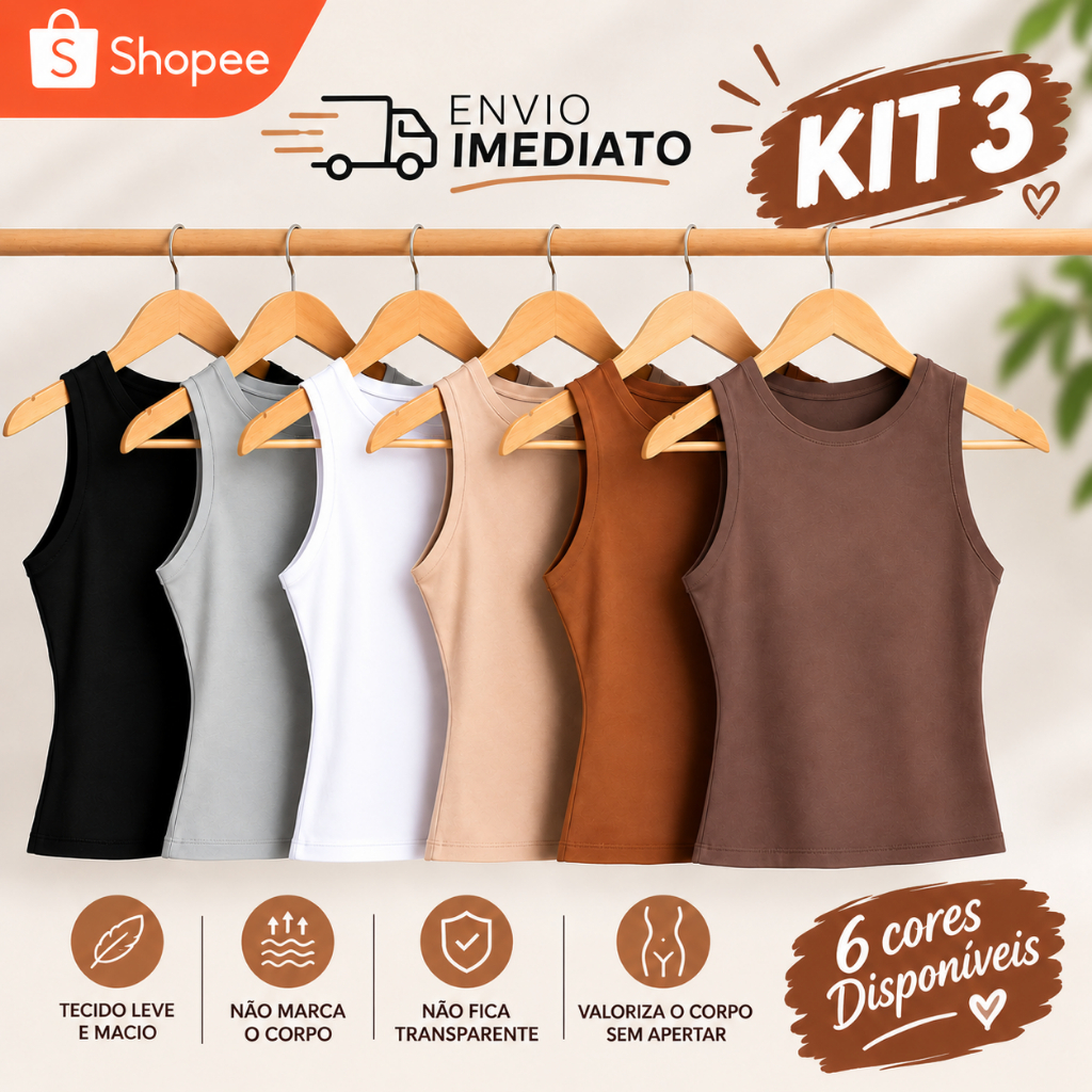 KIT 3 Regata Blusinha Feminina Suplex Duplo Básica Elegante Blogueira Tendencia Premium