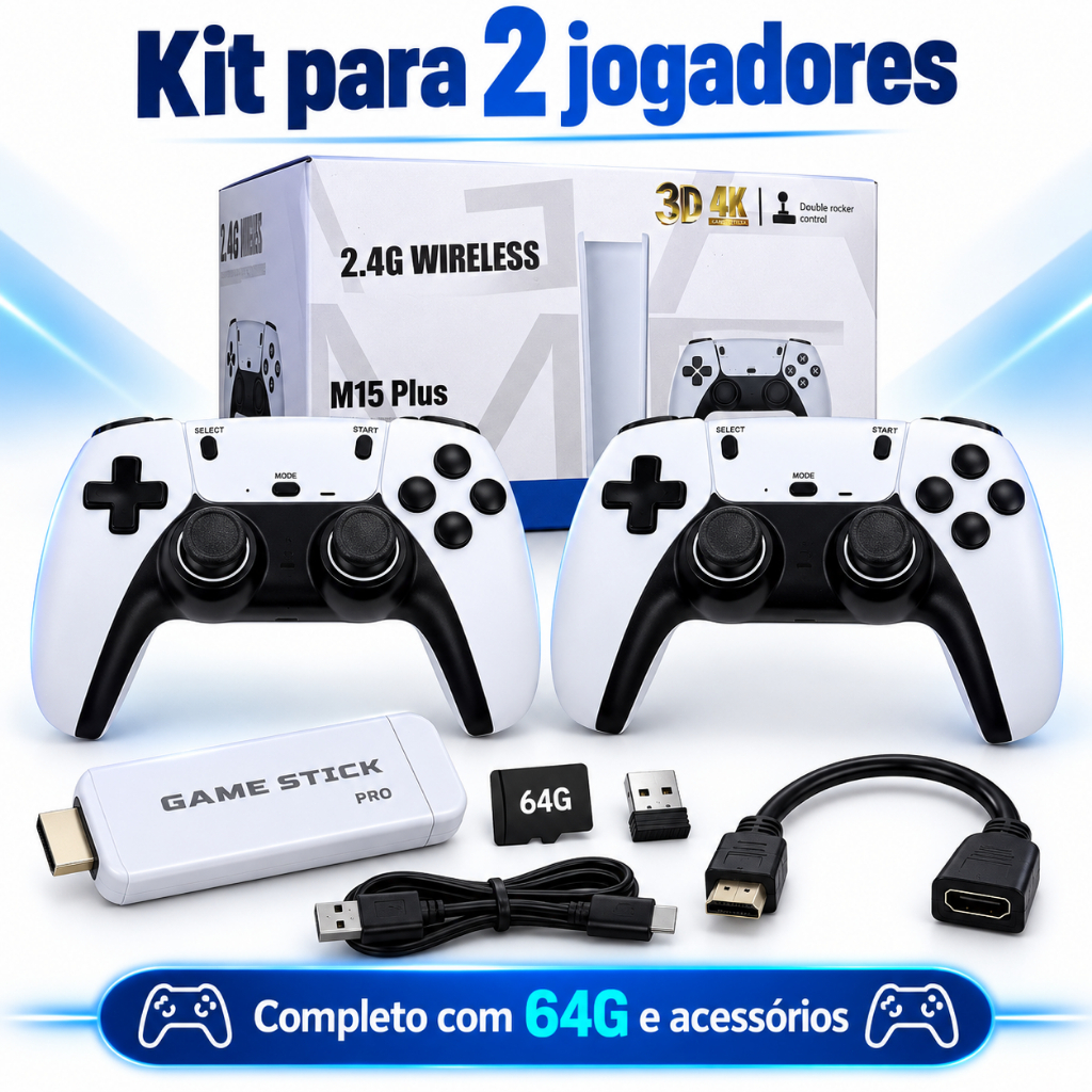 2026 NOVO Vídeo Game Stick M15 Pro 4k 64gb Hdmi Com 2 Controles Se Fio+20mil Jogos