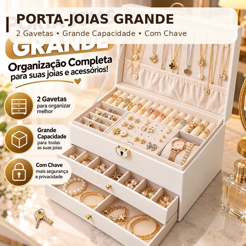 Porta-Joias Organizador Grande com 3 Gavetas e Chave em Couro PU para Colares Brincos e Acessórios