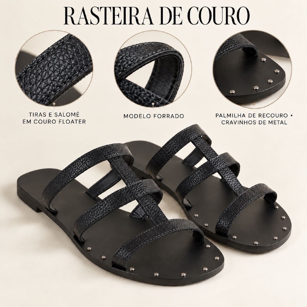Rasteira Feminina em Couro Floater com Tiras, Salomé, Forro e Palmilha de Recouro com Cravinhos de Metal