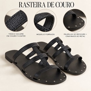 Rasteira Feminina em Couro Floater com Tiras, Salomé, Forro e Palmilha de Recouro com Cravinhos de Metal