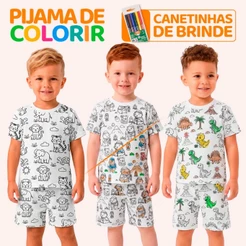 Pijama de Colorir Infantil Menino 100% Algodão Manga Curta Estampa de Colorir Roupa Criança Verão Criativo Conforto L06