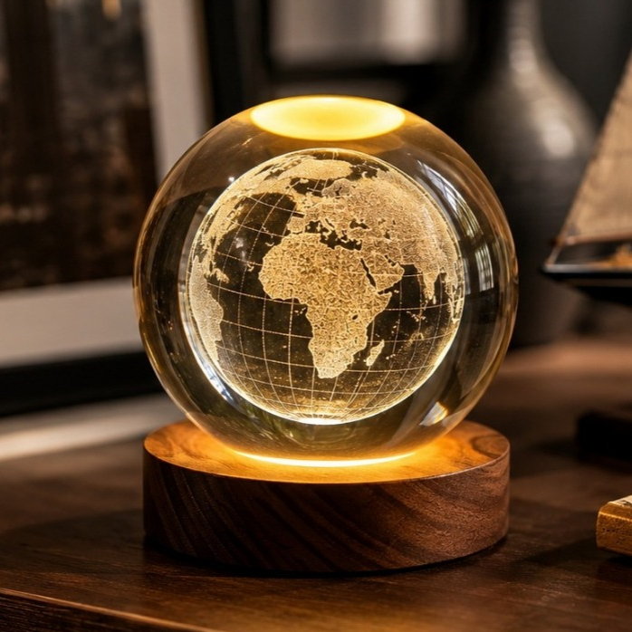 Luminária De Mesa LED Bola Cristal Globo 3D Luz Quente Com Cabo USB Decorativa