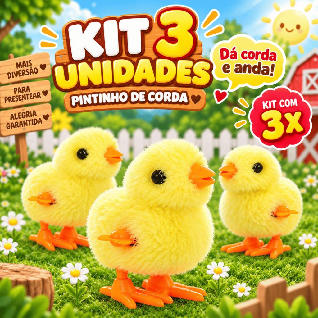KIT 3 Pintinho Amarelinho De Pelúcia A Corda Brinquedo Infantil Divertido