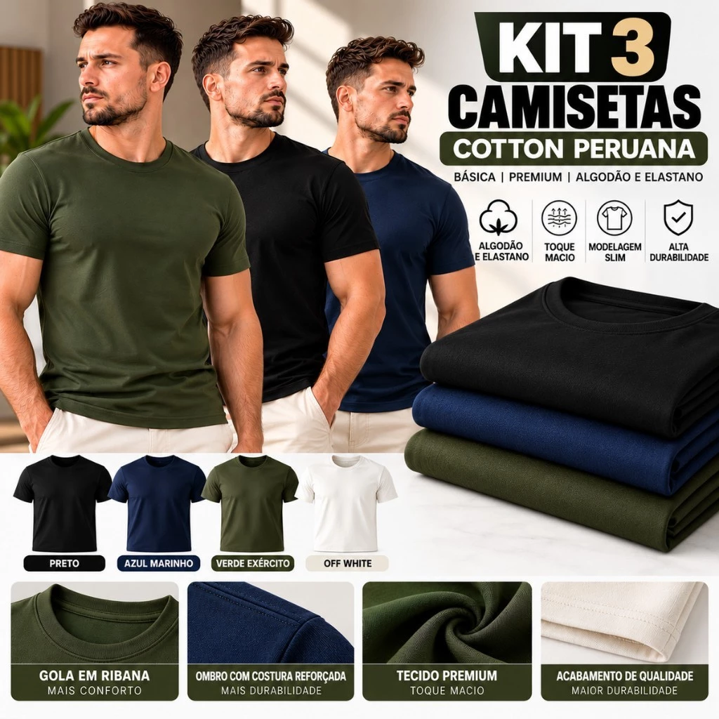Kit 3 Camiseta Cotton Peruana Masculina Lisa 100% Algodão Casual
