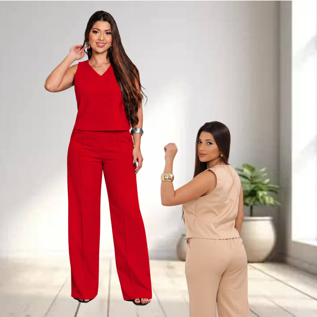 Conjunto Feminino Alfaiataria Premium Regata Elegante Calça Wide Leg Pantalona Social Chic Moda Executiva Confortável