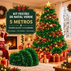Kit Festão Natalino 5 Metros Verde para Árvore de Natal Decoração de Casa Enfeite Natalino Festas e Guirlandas