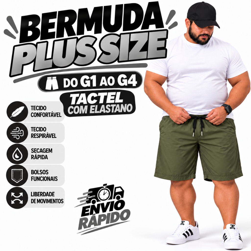 Bermuda Masculina Plus Size G1 G2 G3 G4 Tactel com Elastano Academia Treino Praia Piscina Pesca Casual Secagem Rápida