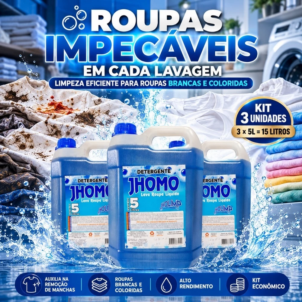 Kit 3 Sabão Líquido Lava Roupas 5 Litros Galão Jhomo Tira Manchas Para Roupas Brancas e Coloridas