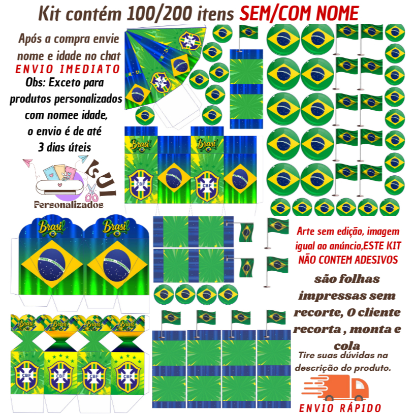 KIT COM 200/100 ITENS LEMBRANCINHAS S/COM NOME TEMA: Seleção Brasileira (Envio Rápido)