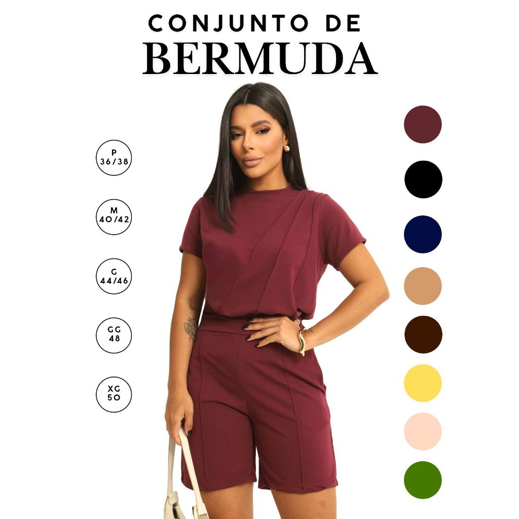 Conjunto Feminino Blusa Basica com Detalhe na Frente e Manga Curta e Bermuda  com Elástico na costa.