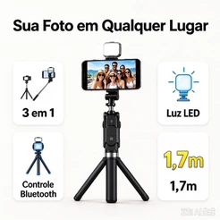 Bastão de Selfie Tripé com Controle Bluetooth Luz LED Celular – 80cm e 1,7m para Fotos Vídeos Lives TikTok