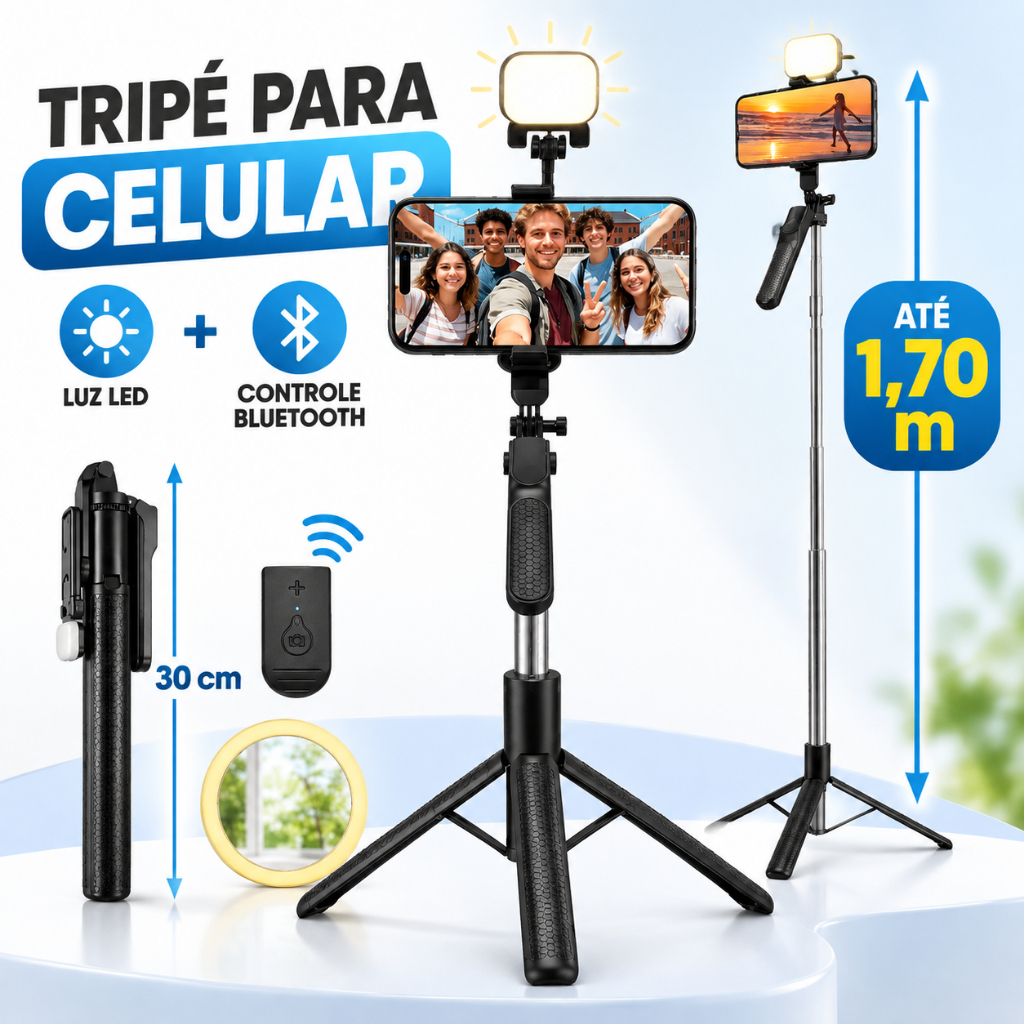 Tripé para Celular 1,7m Ajustável com Luz LED e Controle Remoto Bluetooth para Fotos e Vídeos