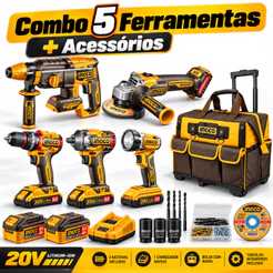 Kit Completo: Furadeira, Chave de Impacto, Martelete, Esmerilhadeira, Lanterna + 2 Baterias Ingco