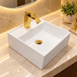 Kit Cuba Apoio Quadrada com Mesa Louça Torneira Cascata Dourada