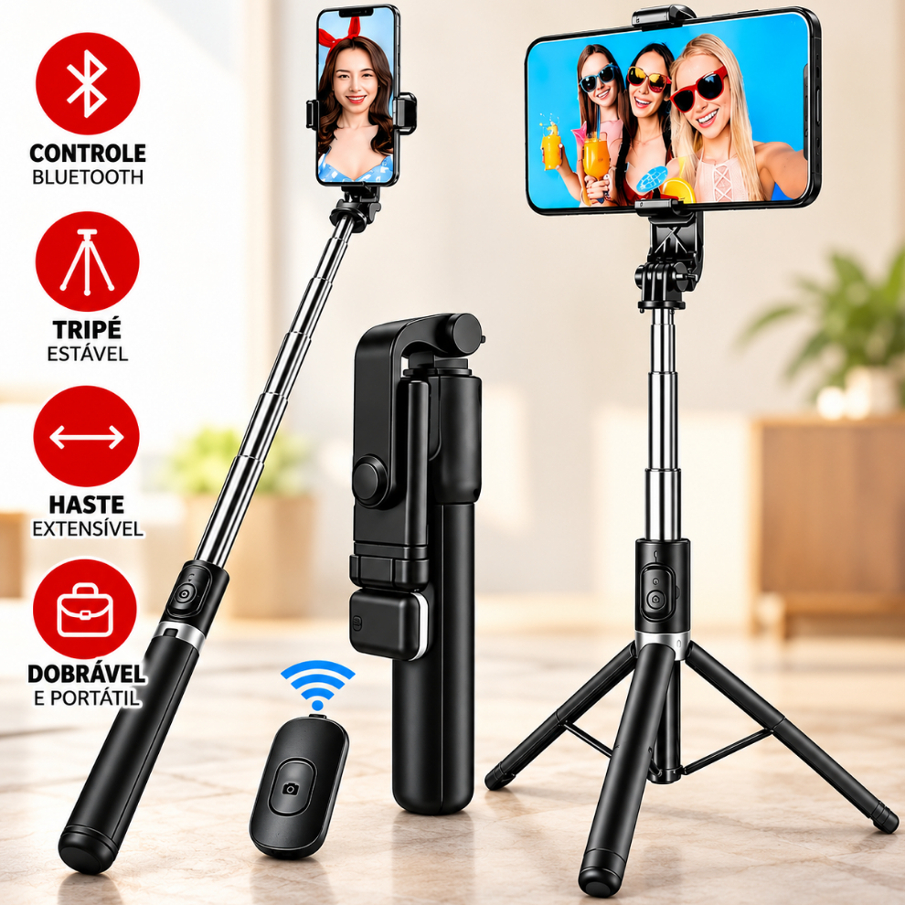 Tripé Bastão de Selfie Bluetooth 3 em 1 Celular Profissional 170cm Reforçado 360°