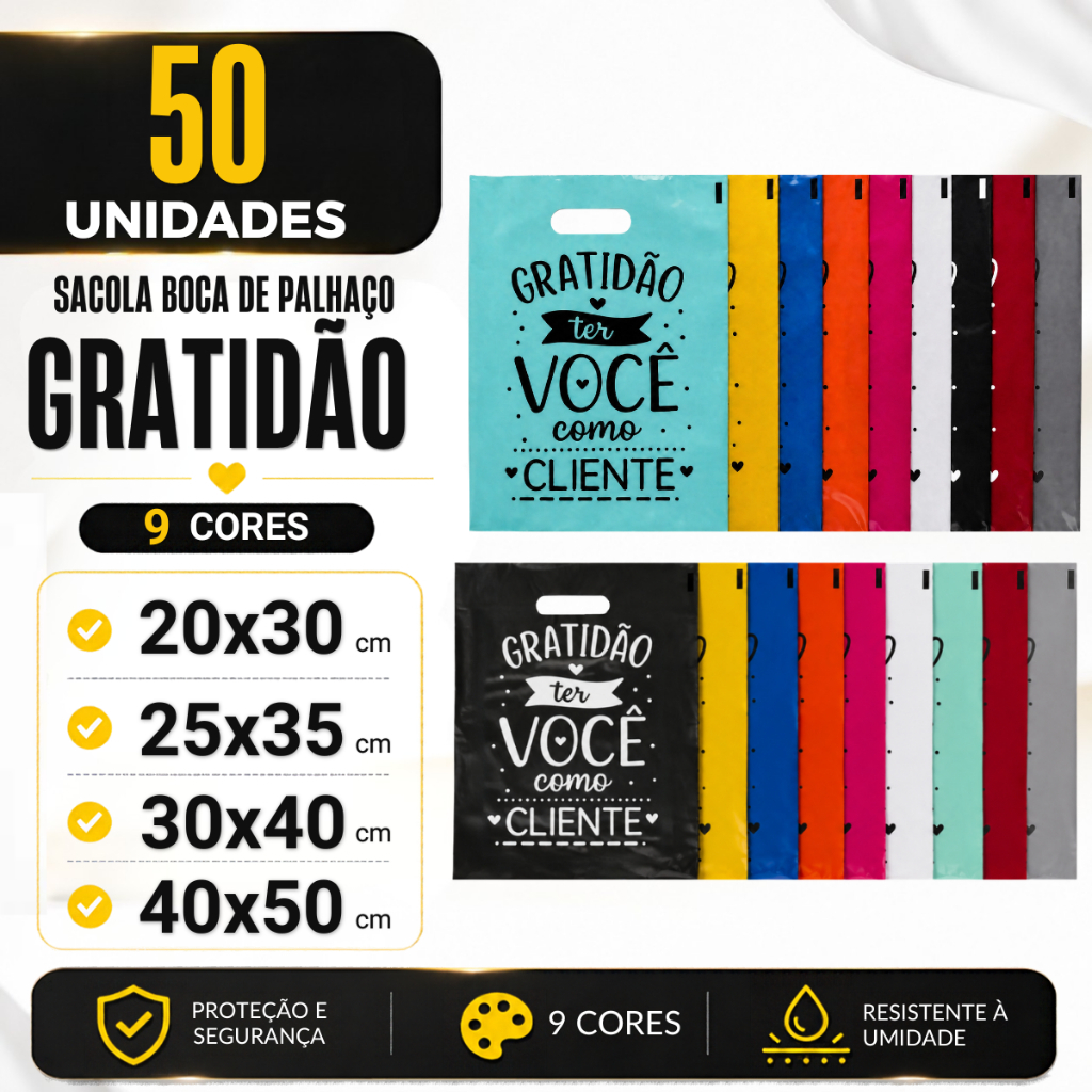 Kit 50 Sacola Boca de Palhaço 20x30 25x35 30x40 40x50 Gratidão Sacolinha para Lojas Frases Personalizadas