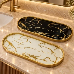 Bandeja Decorativa Oval Dourada Com Vidro Marmorizado Para Lavabo Banheiro Penteadeira Sala