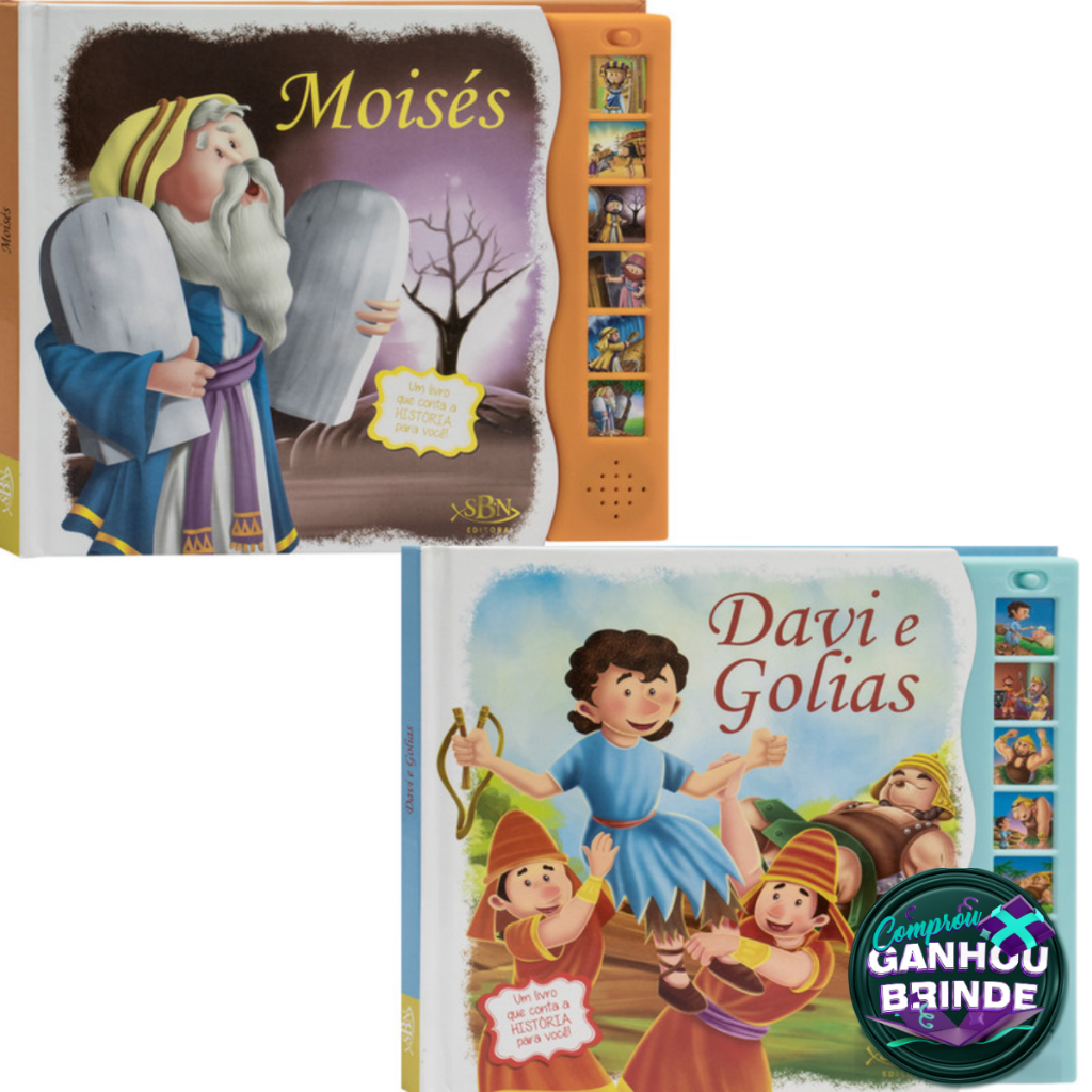 Kit Livro Sonoro - Histórias da Bíblia: Moisés + Davi e Golias SBN Crianças Filhos Infantil