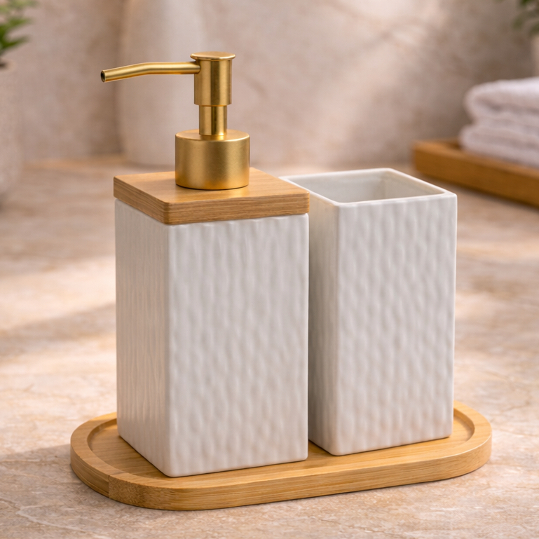 Kit Banheiro Porta Sabonete e Porta Escova Dispenser Elegante Porcelana Luxo