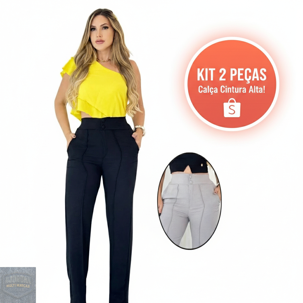 Kit 2 Calças Alfaiataria Feminina Confortável Executiva Social Com Elástico Cintura Cores variadas