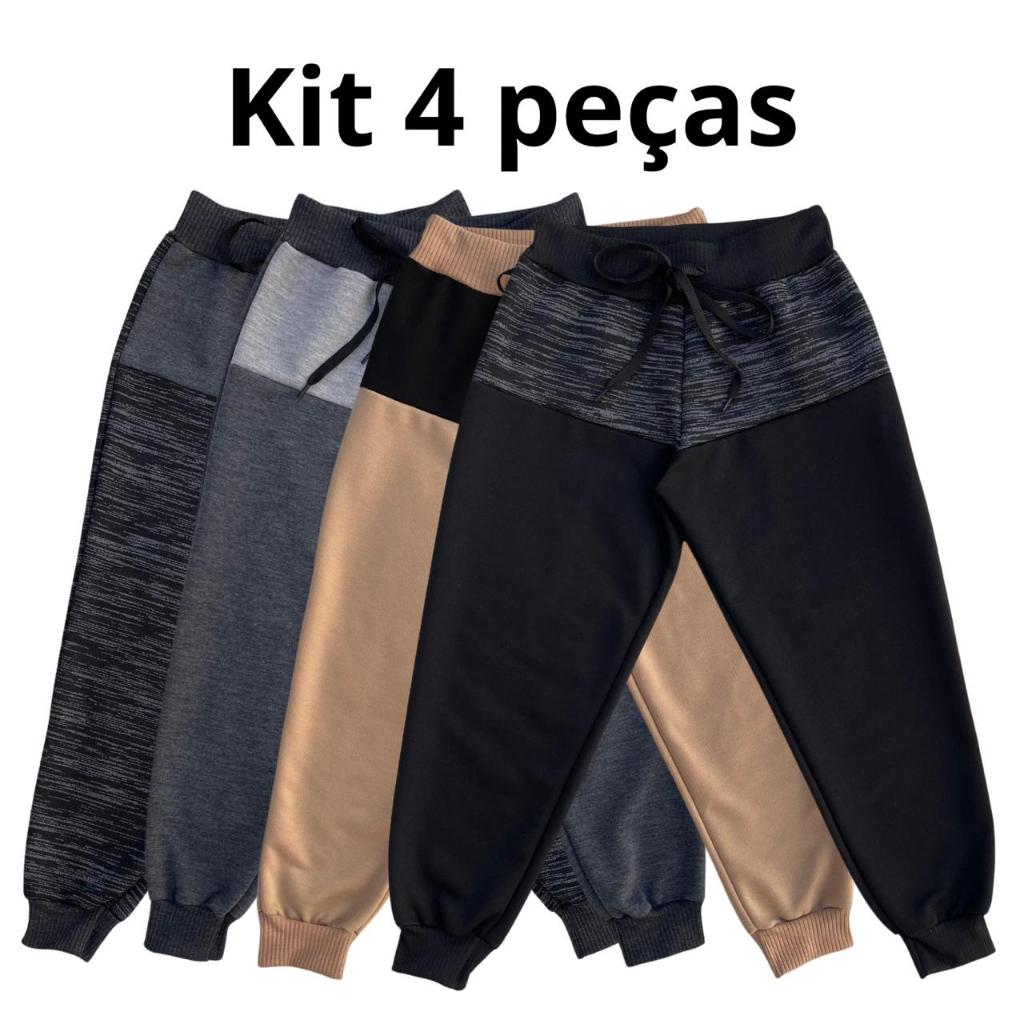 Kit 4 Calças Moletom Bicolor Moletinho Infantil Unissex Menina Menino Inverno