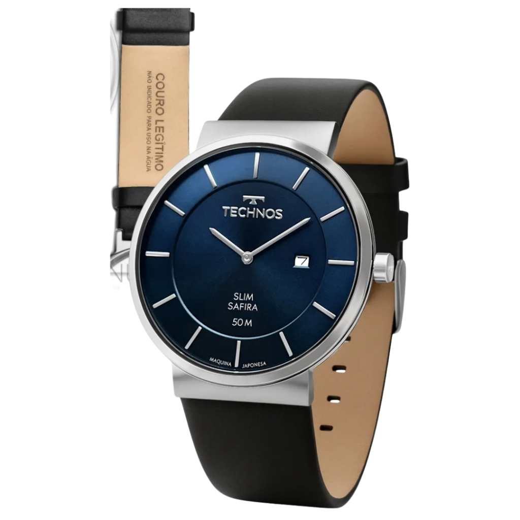 Relógio Technos Masculino Analógico De Pulso Couro Slim Safira Preto Prateado Azul-escuro Prova D'água 5 ATM Original