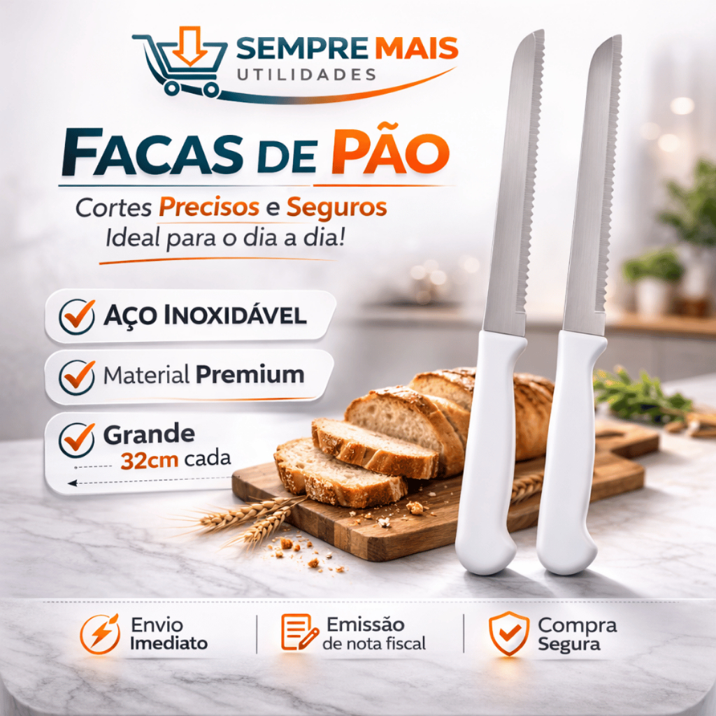 Kit Conjunto 2 Faca de Pão Serrada Grande Facas Cozinha Mesa