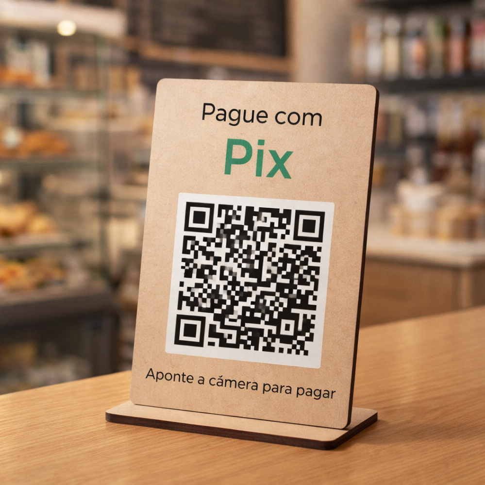 Placa Pix MDF 15x10 com QR Code | Display Porta Pix para Balcão | Suporte Pagamento Comércio Pague com Pix