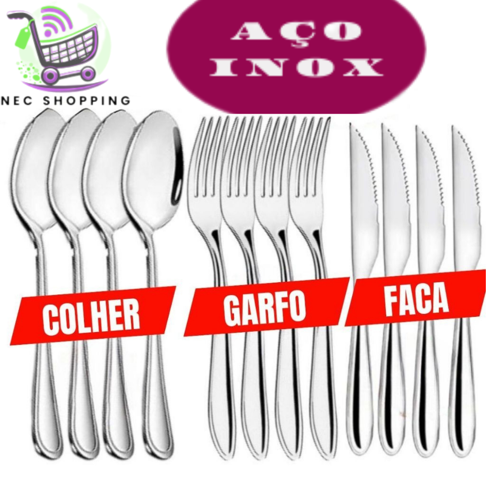 Jogo de 36 Talhares 12 Garfo 12 Colher 12 Faca Mesa Peças Kit Buffet Restaurante Faqueiro Premium Aço Inox