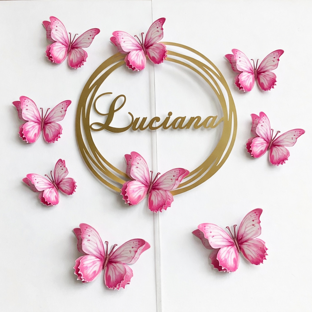 Topo de Bolo Personalizado Topper Círculos com Borboletas 3D Festa Aniversario em Oferta na Shopee