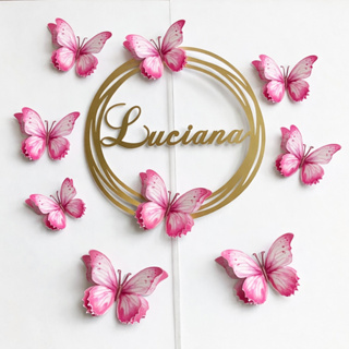 Topo de Bolo Personalizado Topper Círculos com Borboletas 3D Festa Aniversario em Oferta na Shopee
