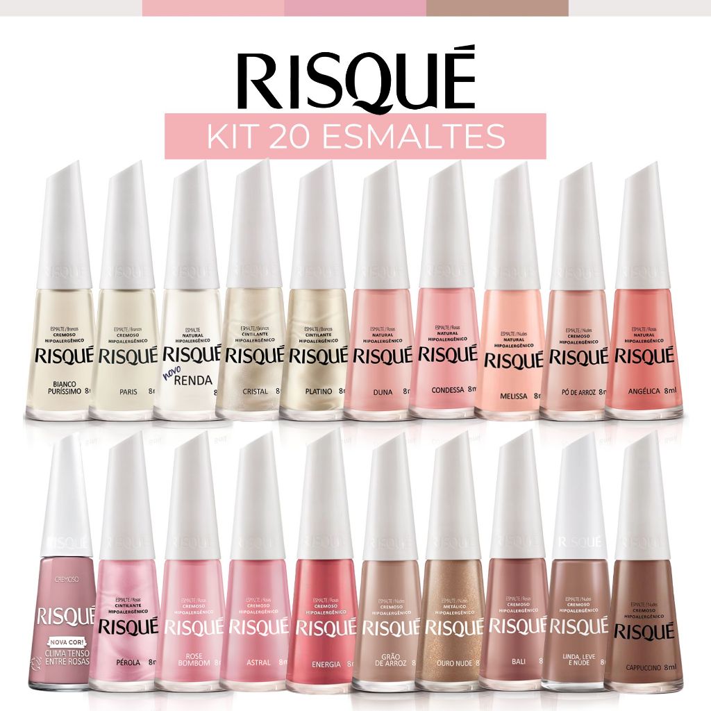 Esmaltes Risque Atacado Cores Nudes Rosa Branco 20 Cores 8ml
