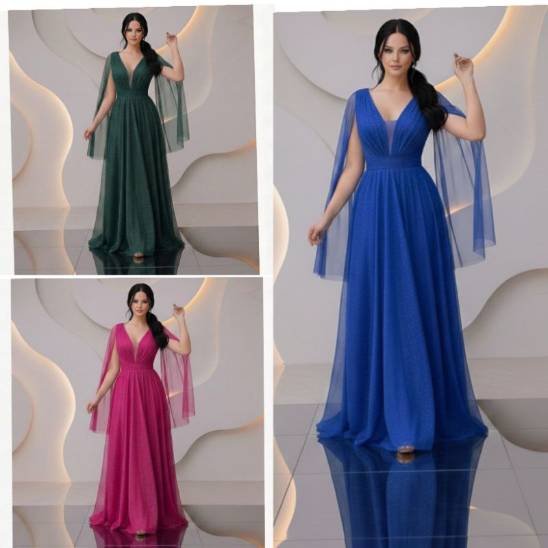 vestido de madrinha manga capa brilhoso decote V ideal para festas formandas