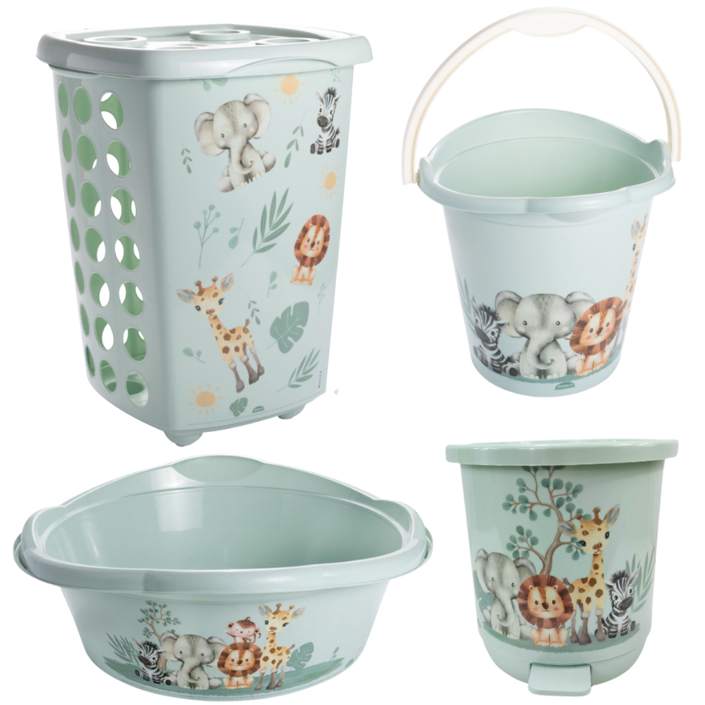 Kit 4 Peças Com Cesto de Roupas ou Banheira de Bebê Plasútil Com Bacia, Balde e Lixeira Infantil