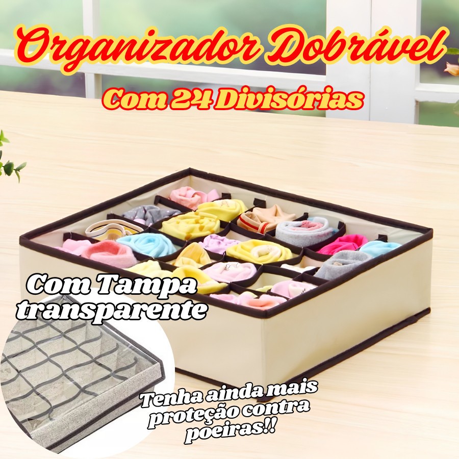 Organizador Dobrável 24 Divisórias Com Tampa Transparente Para Guarda Roupas E Gavetas Anti Poeiras em Oferta na Shopee