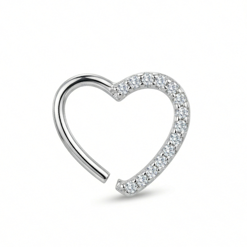 Piercing Coração Cravejado PRATA 925 LEGITIMA com Zircônia P/ ORELHA ESQUERDA Daith/Helix/Nariz