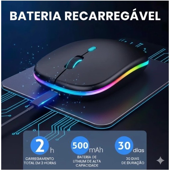 Mouse Sem Fio Wireless Recarregavel Led Rgb 2,4GHz Bluetooth Bateria Interna Ergonômico Silencioso