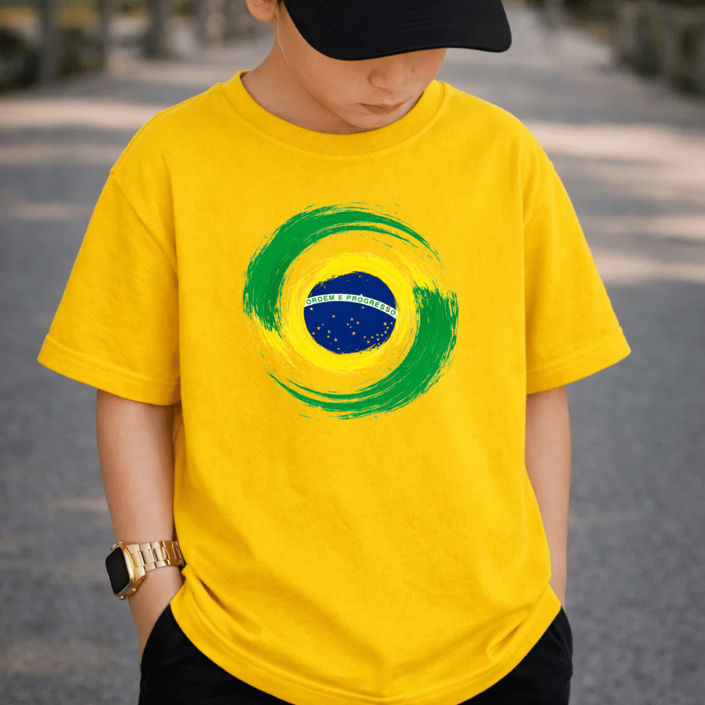 Camiseta Infantil e Juvenil 100% Algodão Premium Criança Unissex Blusa Camisa Brasil Copa Do Mundo Redondo