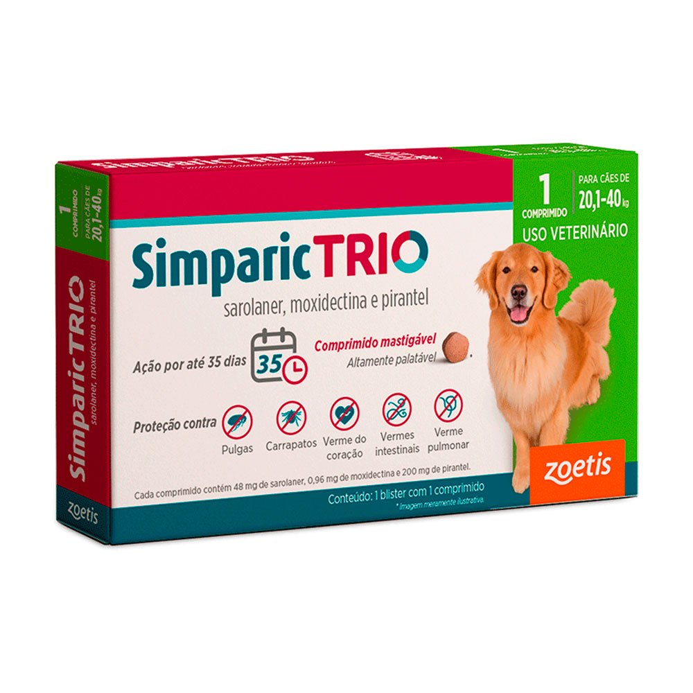 Simparic Trio 48mg Antipulgas e Carrapatos Para Cães 20,1 a 40kg 1 Comprimido